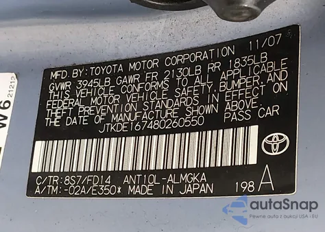 2008 Scion Tc from USA, damaged, VIN JTKDE167480260550